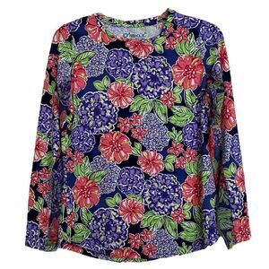 IBKUL Larisa Print Top Crew Neck Long Sleeve UPF 50+ Hydrangea Floral Mesh Small